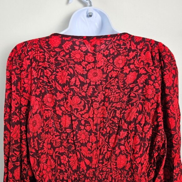 Knox Rose Womens XL Red Floral Peplum Blouse Smocked Waist & Long Sleeves - Picture 7 of 12